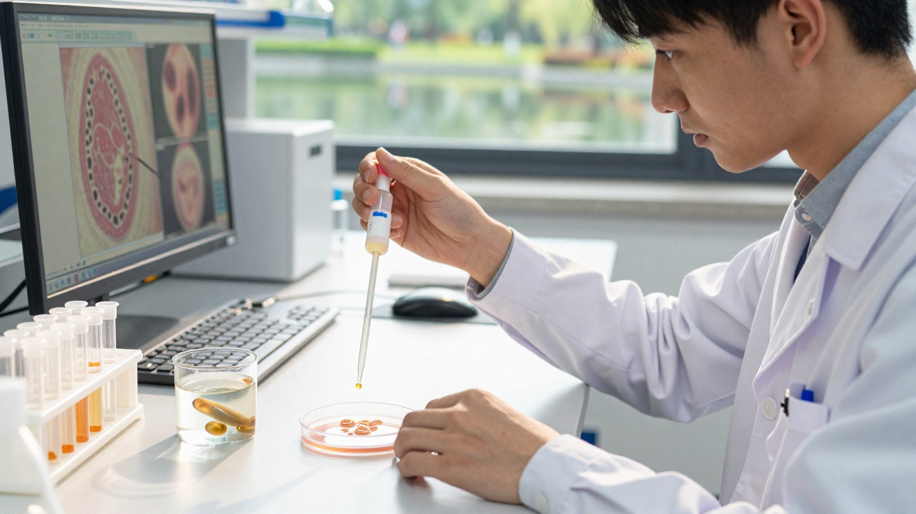 Chercheur en blouse blanche manipulant une pipette au-dessus d'une boîte de Petri en laboratoire.