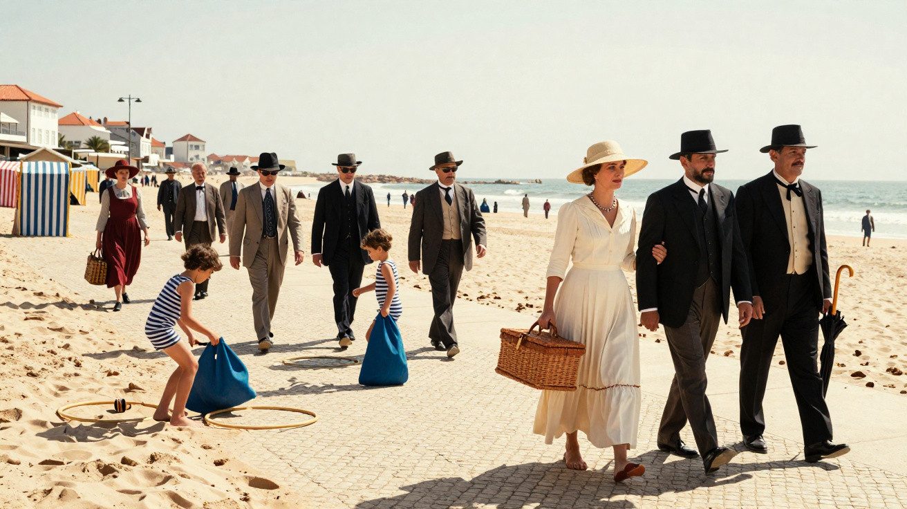 Personnes en tenues vintage se promenant sur une plage avec enfants jouant au sac de sable.