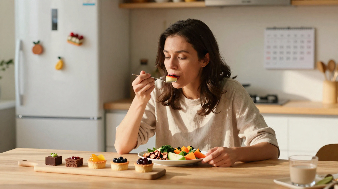 Femme mangeant une salade de légumes à table, avec des desserts et un verre de lait à côté.