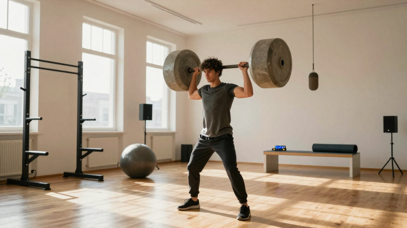 Un homme soulève une barre lourde dans une salle de sport lumineuse avec du parquet et des fenêtres hautes.