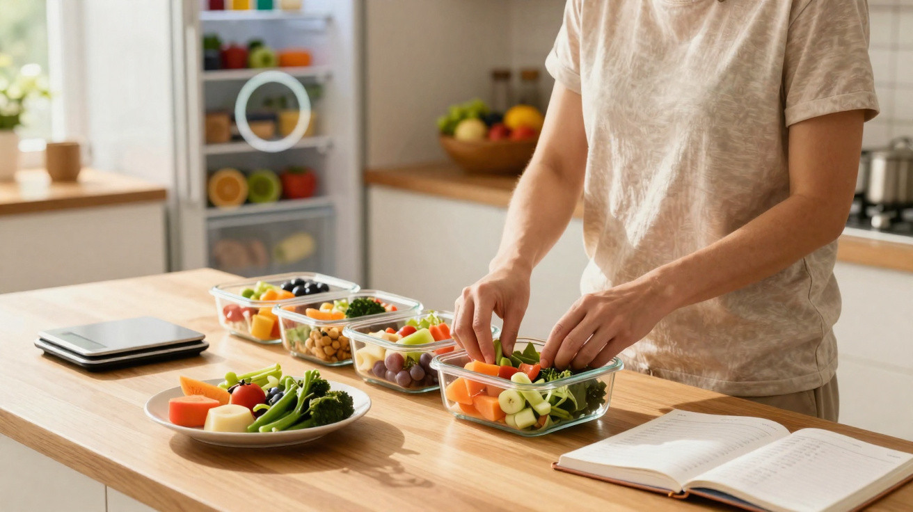 Personne préparant des repas sains dans des boîtes en verre sur un plan de travail de cuisine avec un livre ouvert.