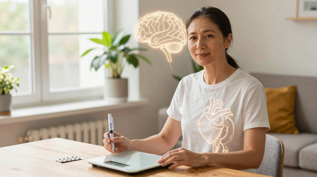 Femme asiatique assise à une table avec tablette et illustrations digitales de cerveau et cœur sur elle.