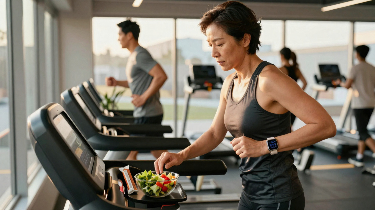 Une femme sur tapis de course en salle de sport ajuste une salade sur le panneau de contrôle.
