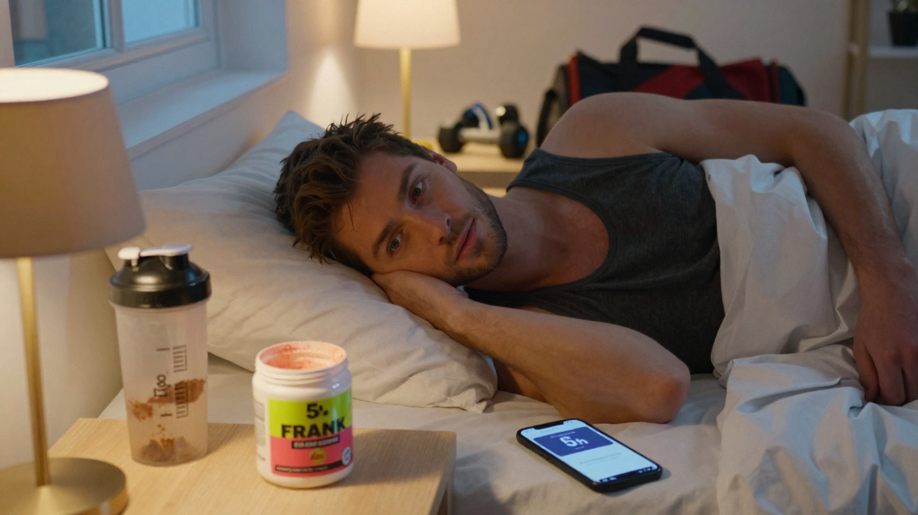 Homme allongé dans son lit, regardant son smartphone avec une bouteille de complément alimentaire et un shaker à côté.