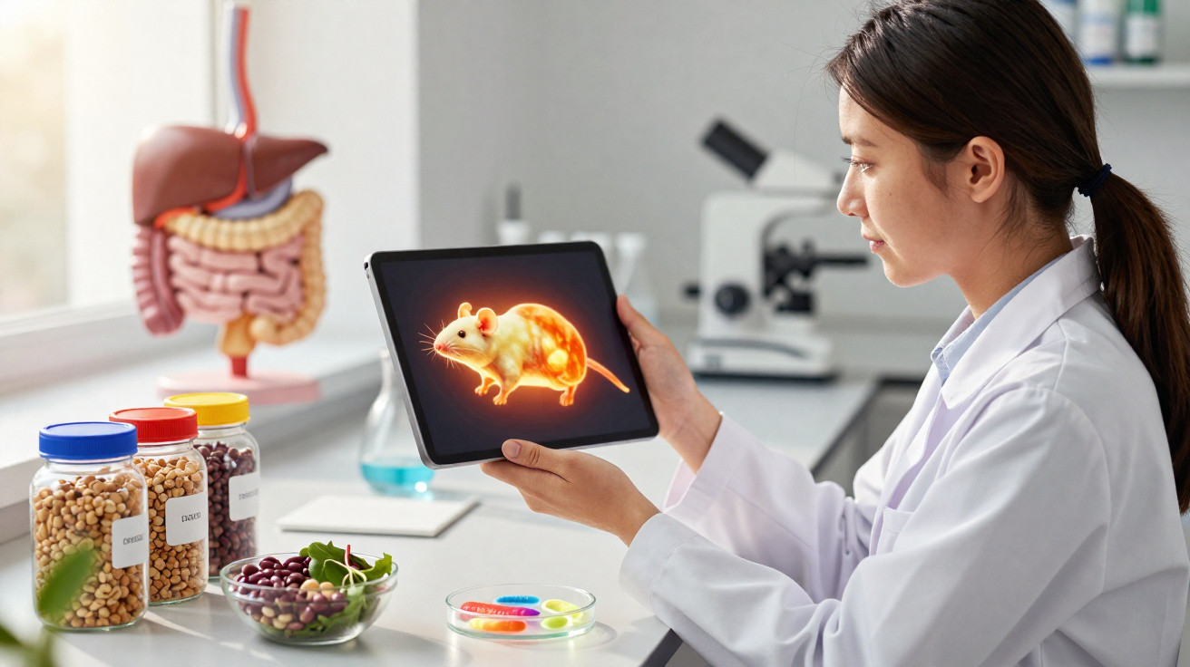 Scientifique examine une tablette avec image d'une souris lumineuse en laboratoire de recherche.