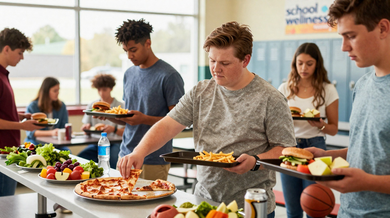 Des adolescents prennent des repas dans une cafeteria scolaire avec pizza, frites et salades variées.