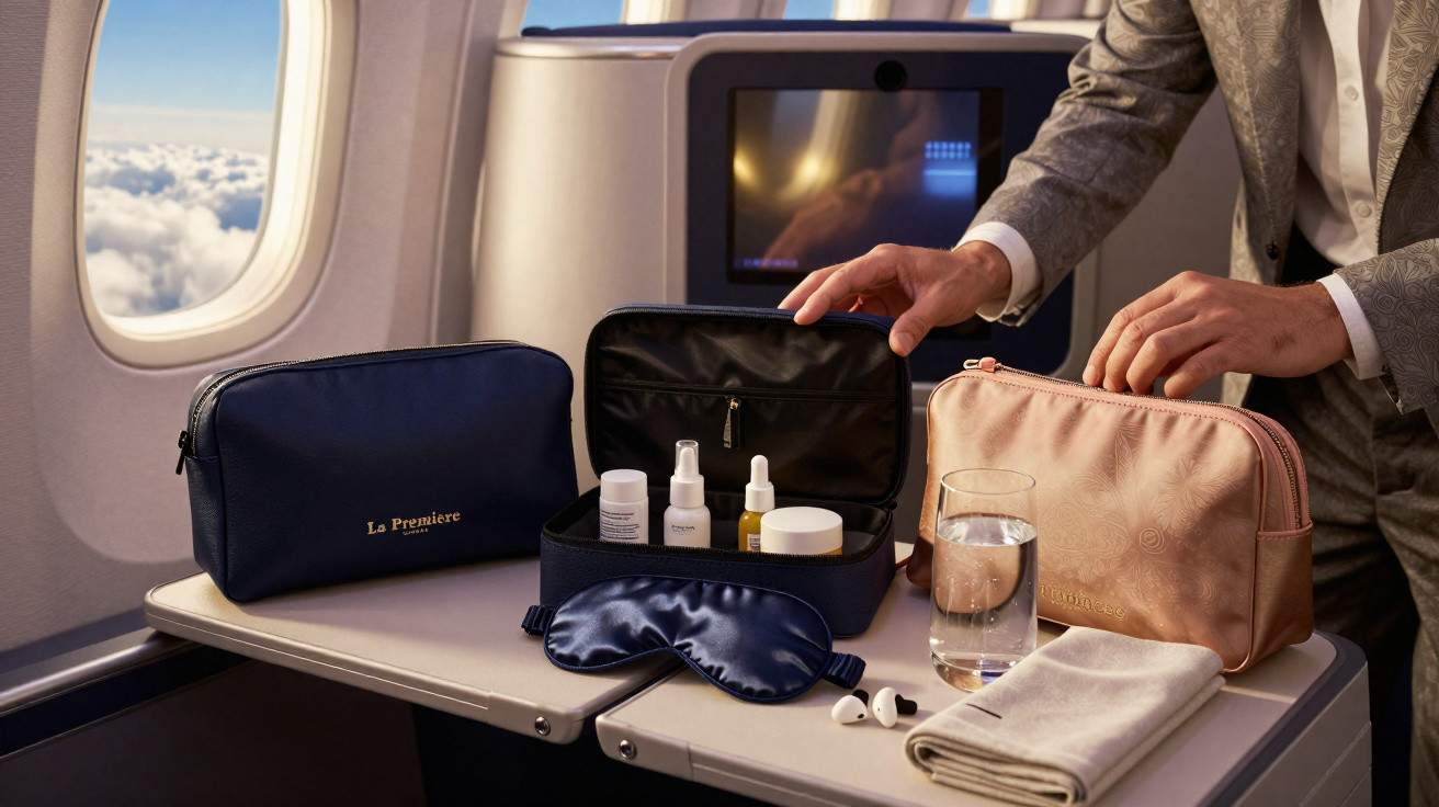 Trousse de voyage avec produits de soin, masque de sommeil, airpods, verre d'eau et serviette sur tablette d'avion.