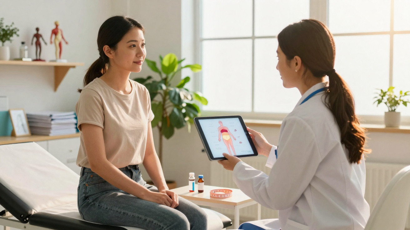 Consultation médicale entre une patiente et une médecin utilisant une tablette pour expliquer l'anatomie.