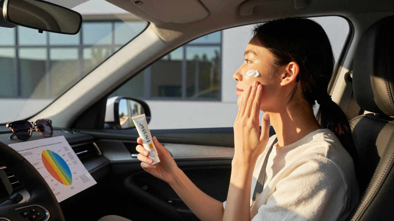 Jeune femme assise dans une voiture appliquant de la crème solaire sur son visage au soleil.