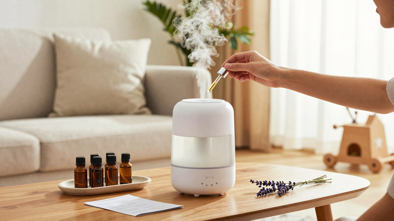 Diffuseur d’huiles essentielles blanc sur table basse avec flacons et branche de lavande dans un salon lumineux.