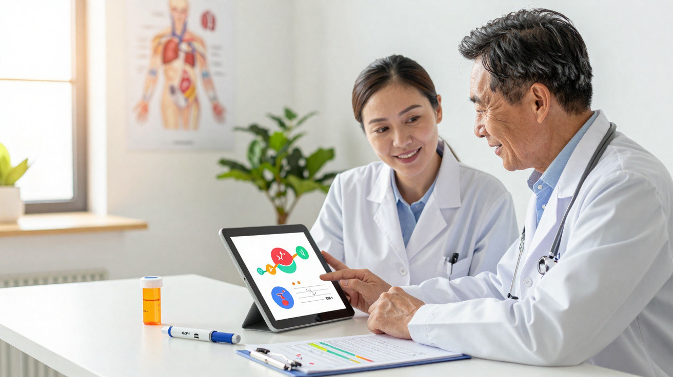 Deux médecins discutent devant une tablette affichant des données médicales dans un cabinet lumineux.