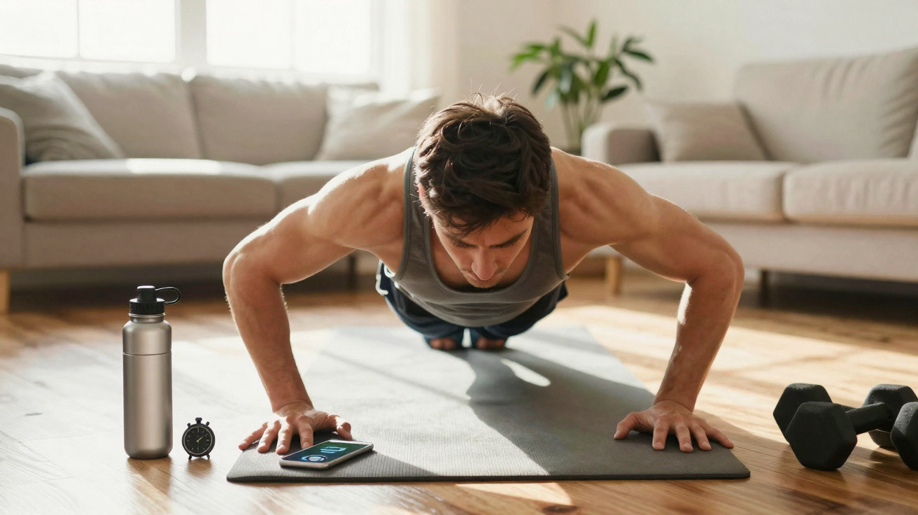 Homme faisant des pompes sur un tapis de yoga dans un salon lumineux avec haltères et bouteille d'eau.