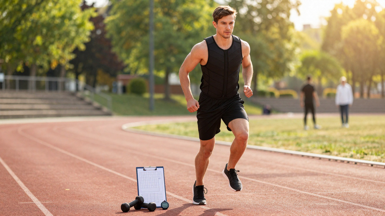 Homme sportif en tenue noire courant sur une piste extérieure avec haltères et tableau sur le sol.