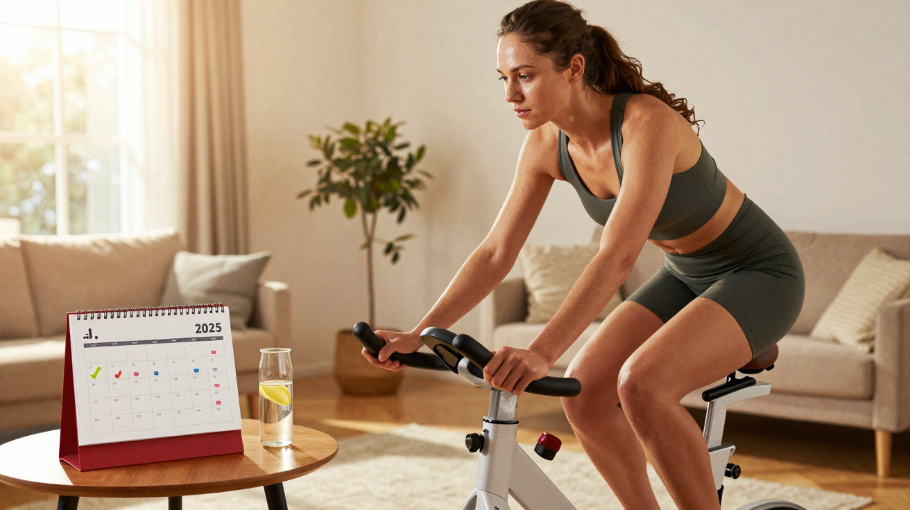 Femme en tenue de sport fait du vélo d’appartement dans un salon avec calendrier et verre d’eau à côté.