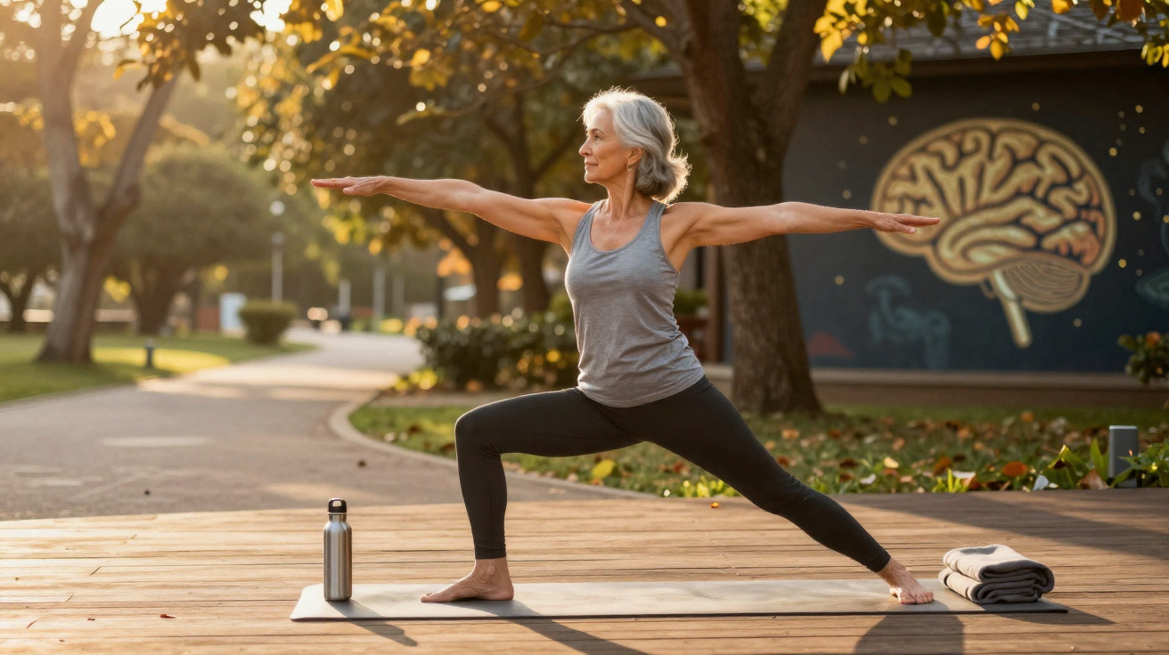 Femme âgée pratiquant le yoga en plein air sur un tapis, posture guerrier, sous un arbre au coucher du soleil.