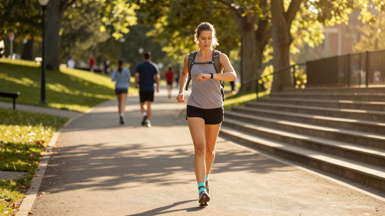 Femme en tenue de sport marchant dans un parc en regardant sa montre connectée par une journée ensoleillée.