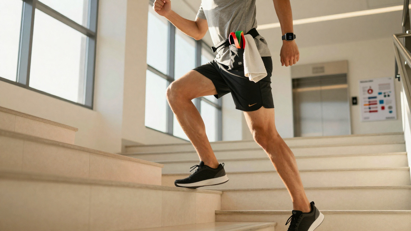Homme en tenue de sport montant rapidement des escaliers intérieurs, portant montre connectée et serviette à la taille.