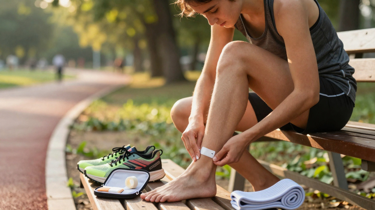 Femme assise sur un banc dans un parc, appliquant un pansement sur sa cheville après la course.