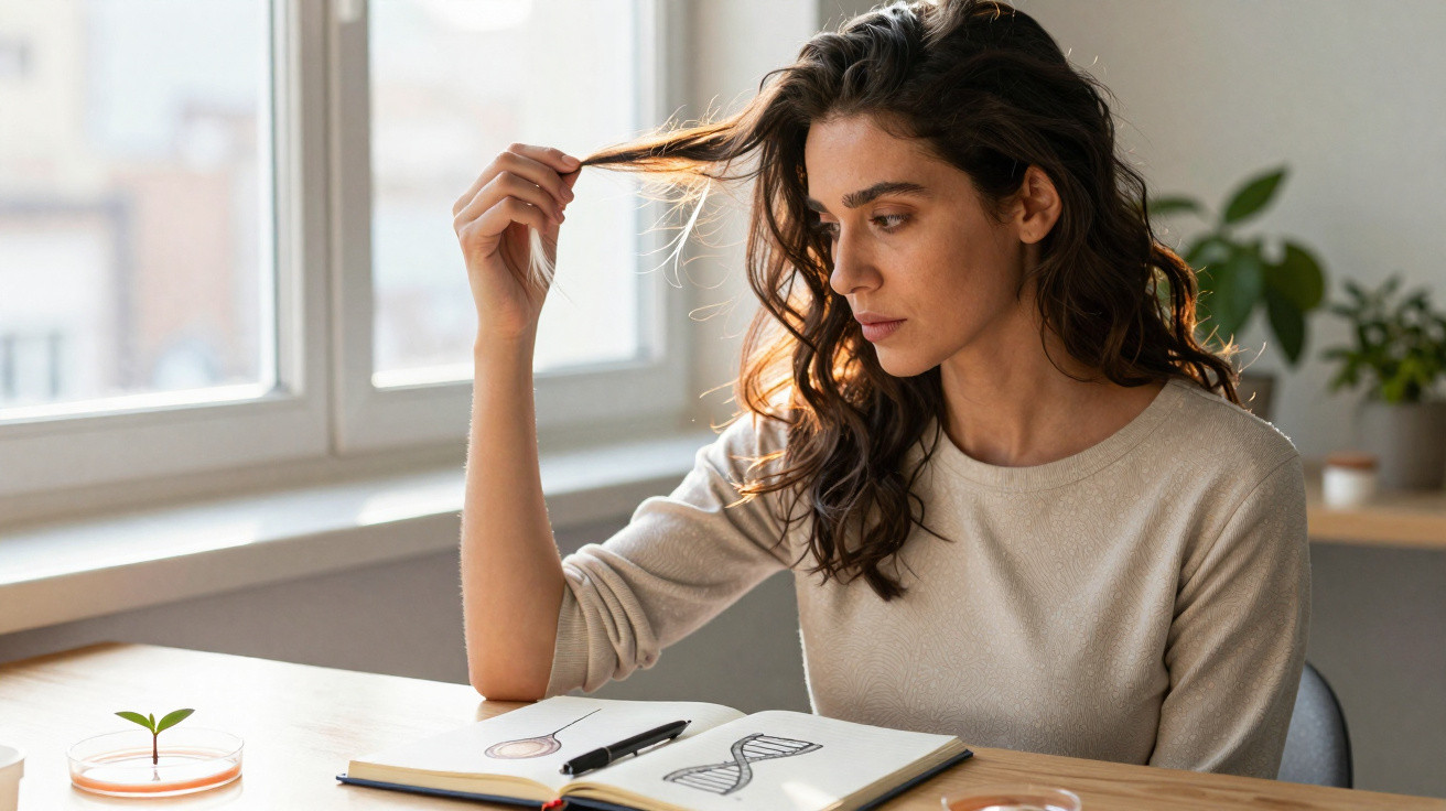 Femme concentrée regardant un dessin d'ADN dans un carnet, tenant une mèche de cheveux, assise près d'une fenêtre.