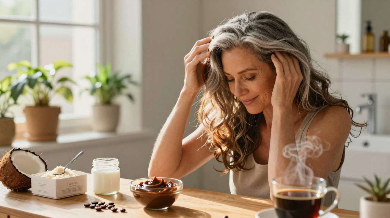 Femme souriante assise à table avec bol de chocolat, tasse de café fumant et ingrédients naturels près d'une fenêtre lumineus