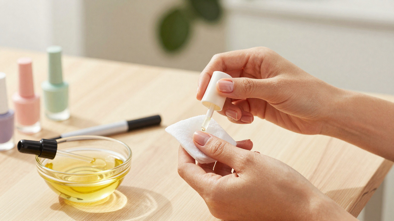 Personne appliquant du dissolvant sur un coton avec des vernis à ongles en arrière-plan sur une table en bois.