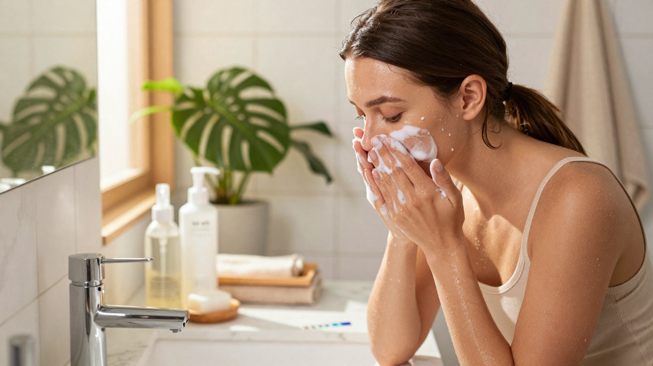 Jeune femme lavant son visage avec une mousse nettoyante dans une salle de bain lumineuse.