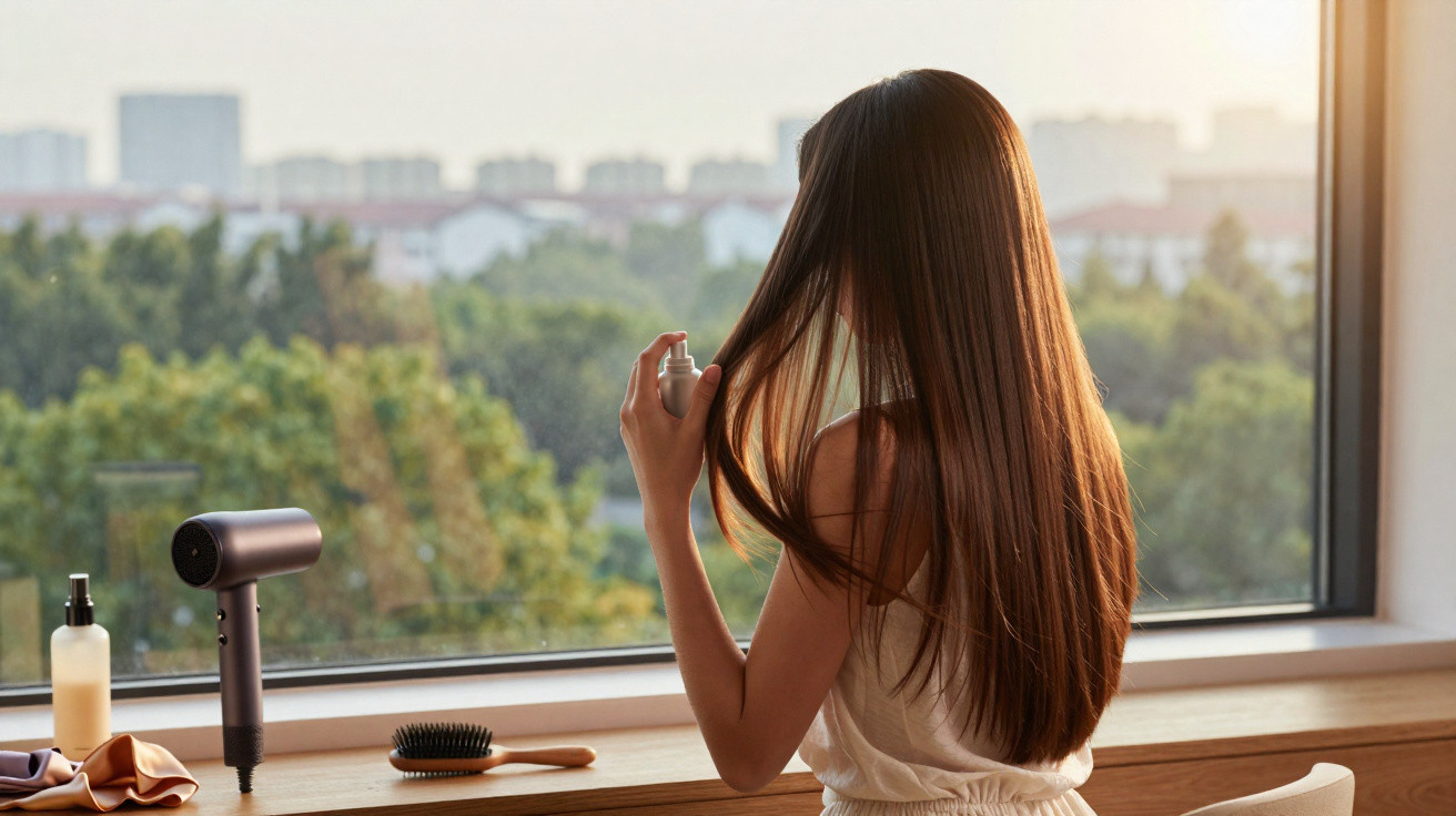 Femme assise près d’une fenêtre appliquant un produit sur ses longs cheveux devant une brosse et un sèche-cheveux.
