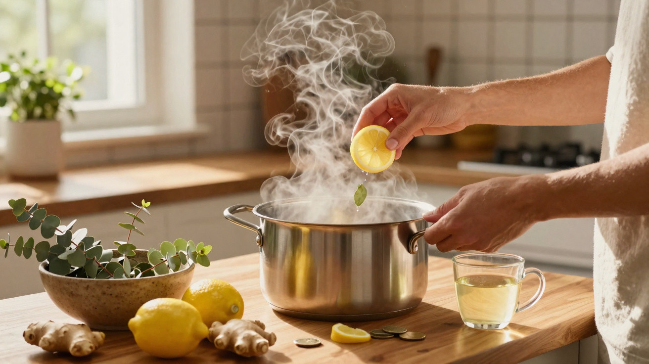 Une personne ajoute un citron dans une casserole fumante sur une table en bois avec gingembre et citron.