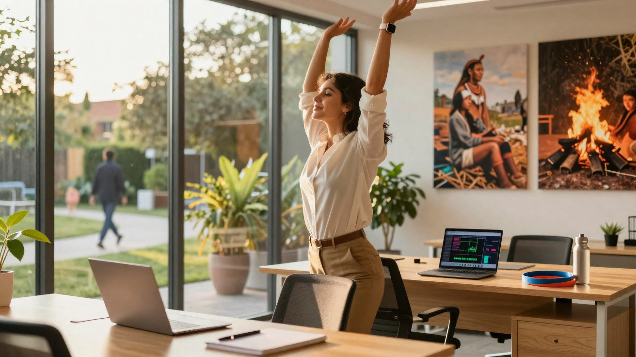 Jeune femme stretching dans un bureau lumineux avec fenêtres vitrées et vue sur jardin extérieur.