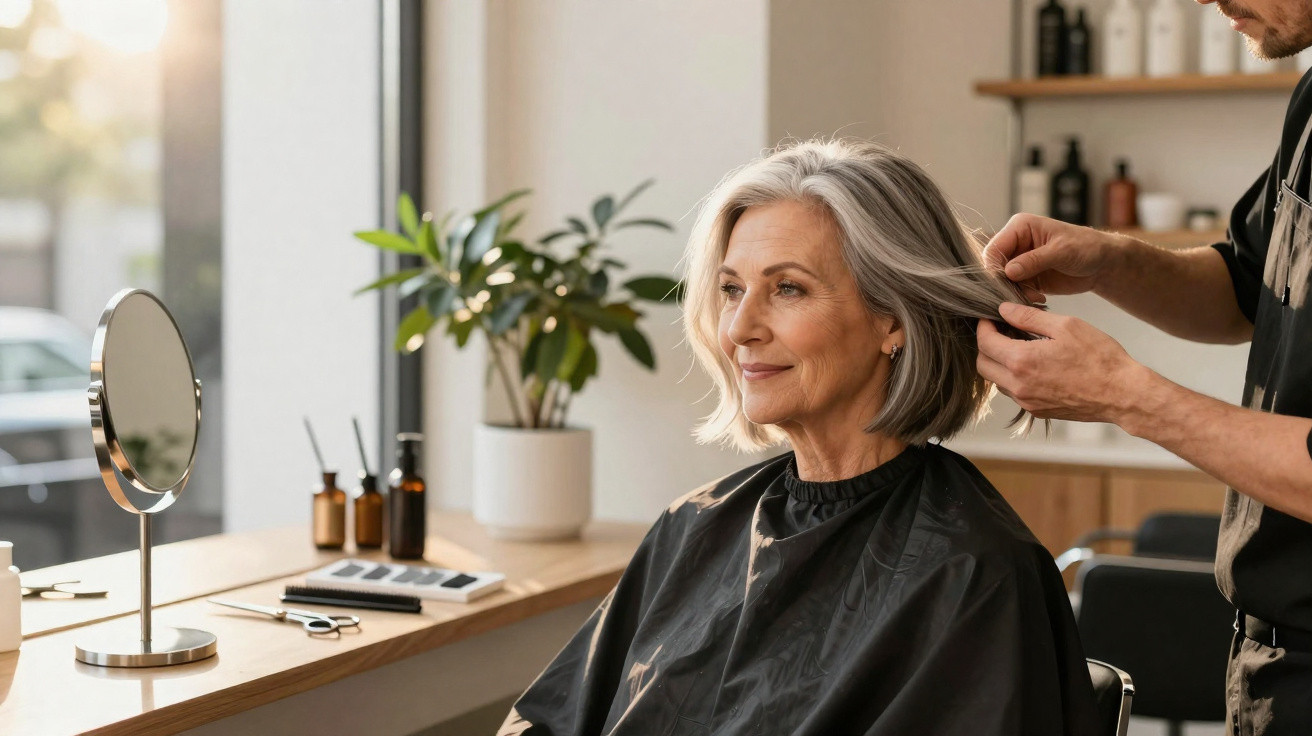 Femme âgée souriante se faisant coiffer les cheveux gris dans un salon de coiffure moderne lumineux.