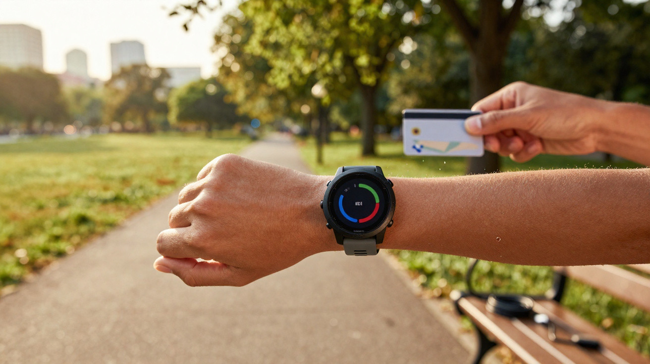 Personne tenant une carte devant une montre connectée noire sur un bras levé dans un parc ensoleillé.