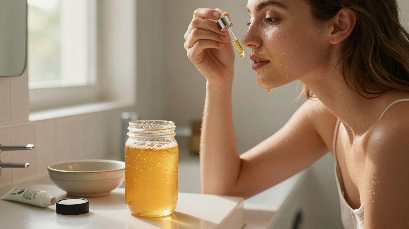 Femme appliquant un sérum avec une pipette sur le visage, pot de liquide doré posé sur une table blanche.