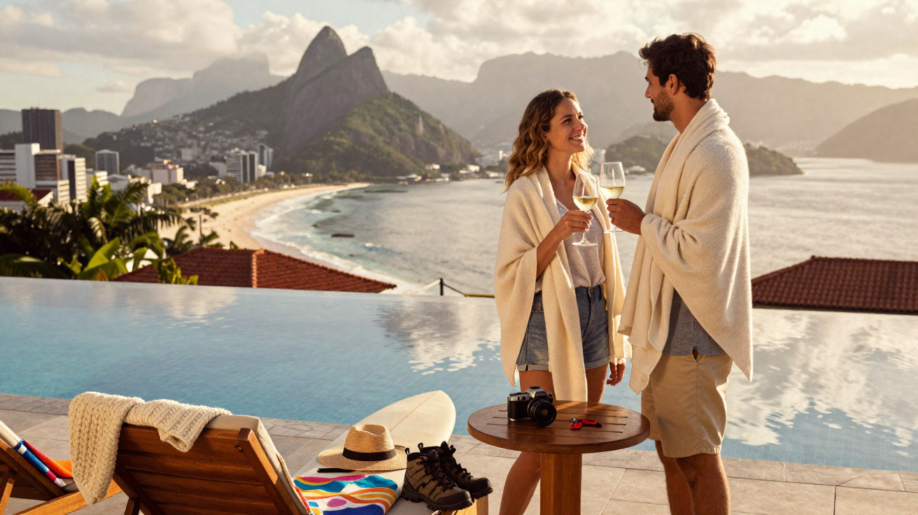 Couple trinquant au vin blanc près d'une piscine à débordement avec vue sur la plage et les montagnes au coucher du soleil.