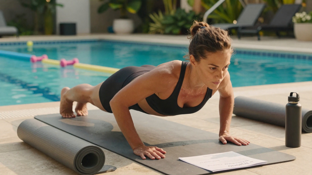 Femme en tenue de sport faisant des pompes sur un tapis au bord d'une piscine avec une bouteille d'eau.