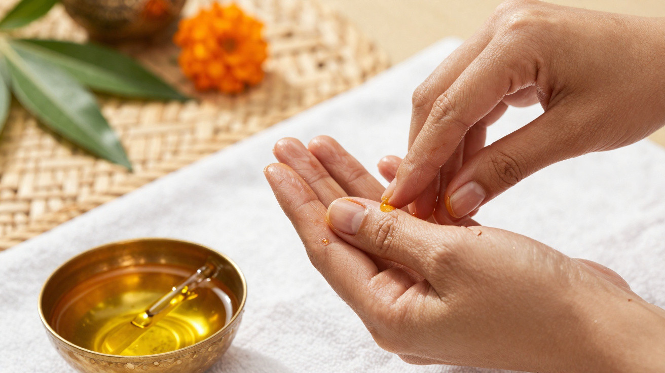 Mains appliquant une huile dorée sur la peau avec un bol en cuivre et une fleur orange en arrière-plan.