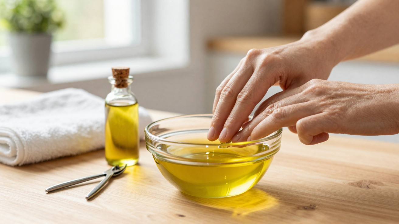 Mains trempant les doigts dans un bol d'huile d'olive, flacon d'huile et coupe-ongles sur une table en bois.