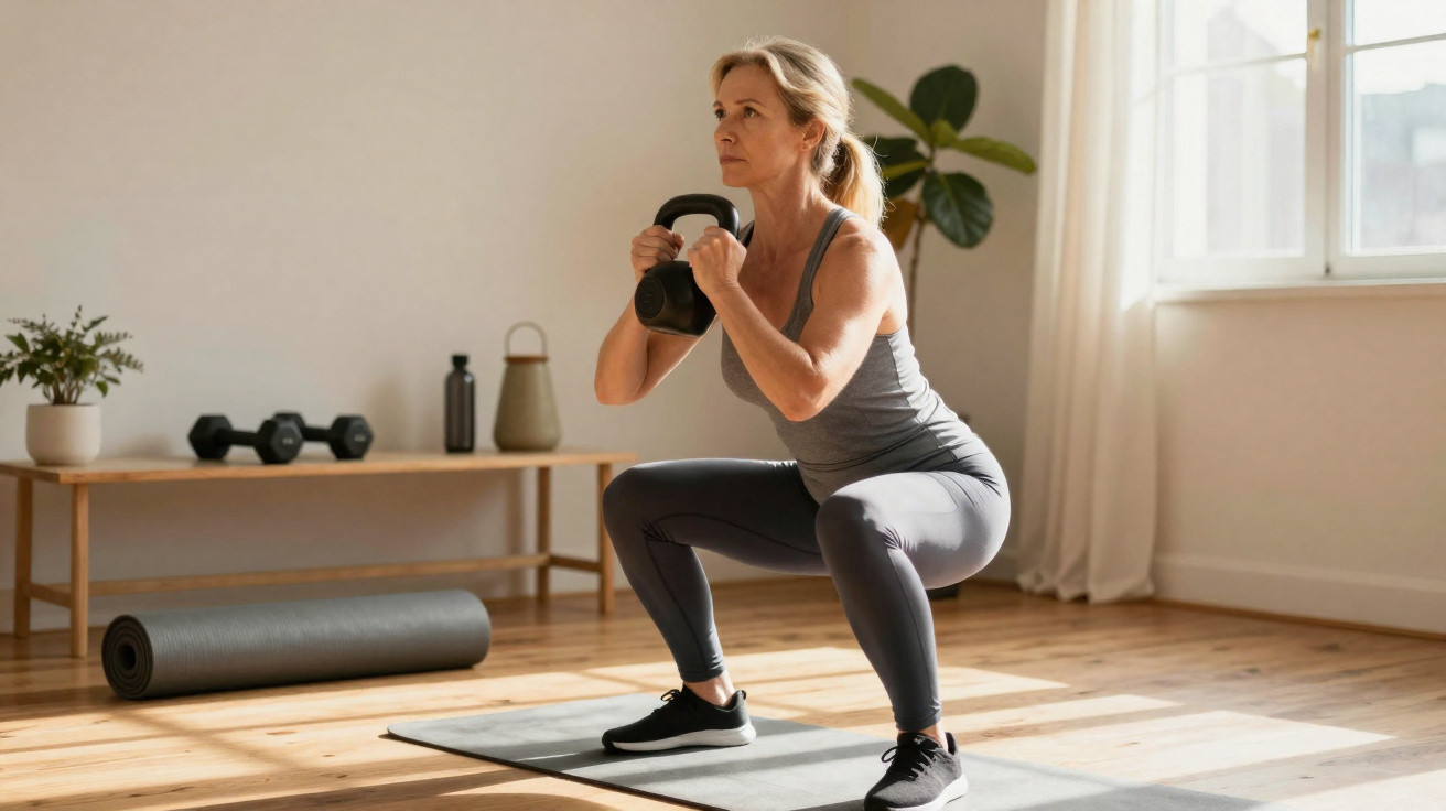 Femme effectuant un squat avec un kettlebell dans une pièce lumineuse, tapis de sol au sol.