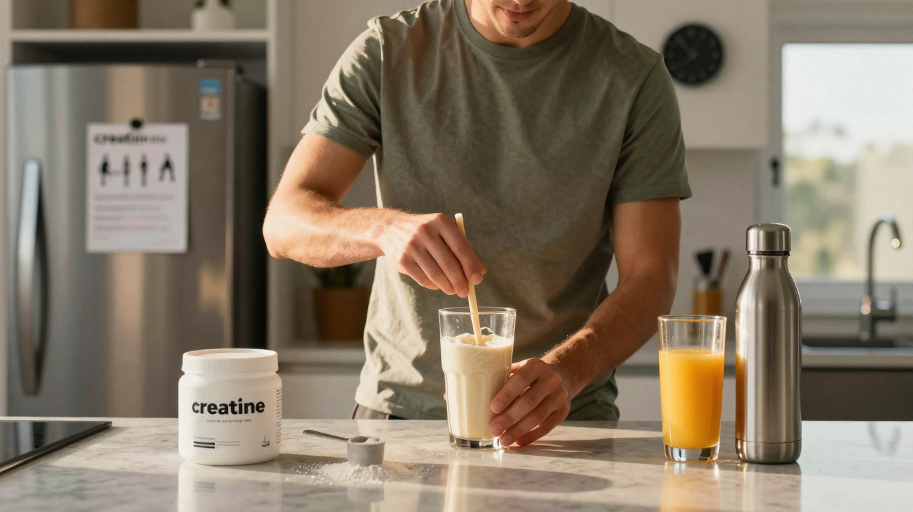 Homme préparant un shaker de créatine dans une cuisine moderne avec un verre de jus d'orange et une bouteille inox.