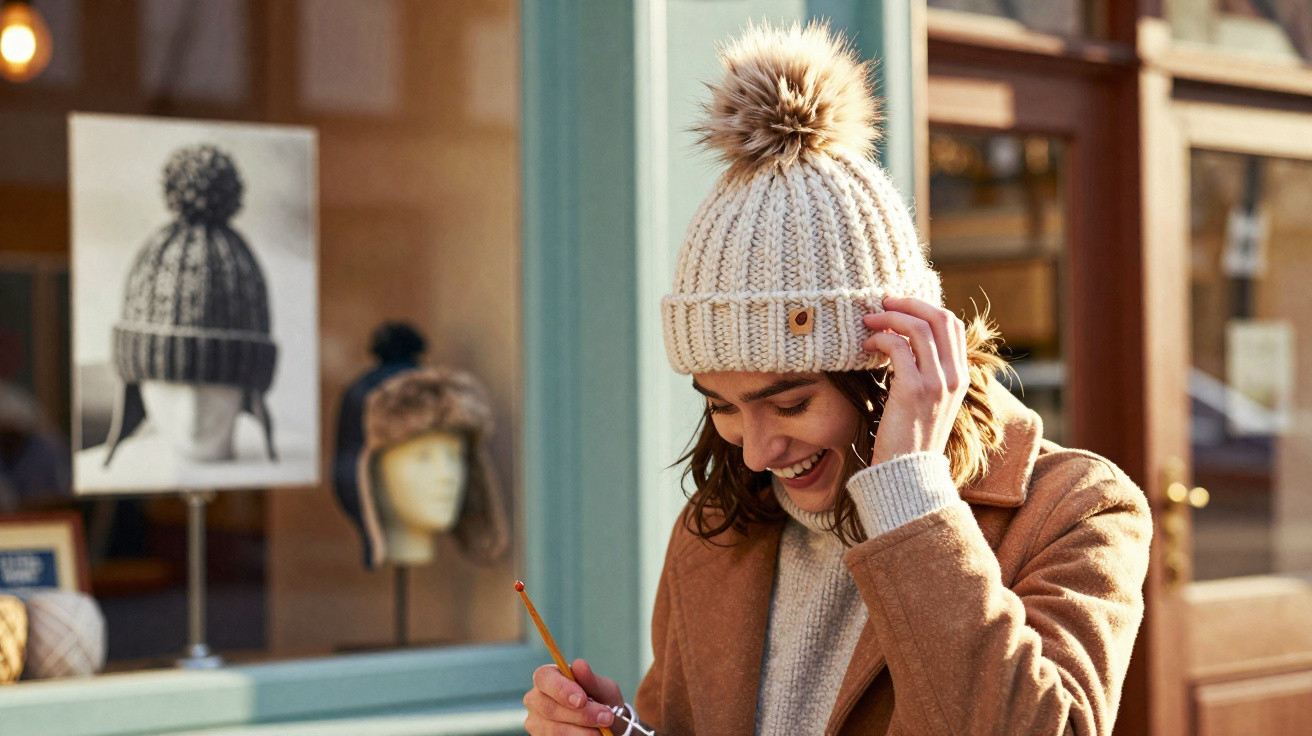 Jeune femme souriante avec un bonnet beige à pompon dans une rue commerçante en hiver.