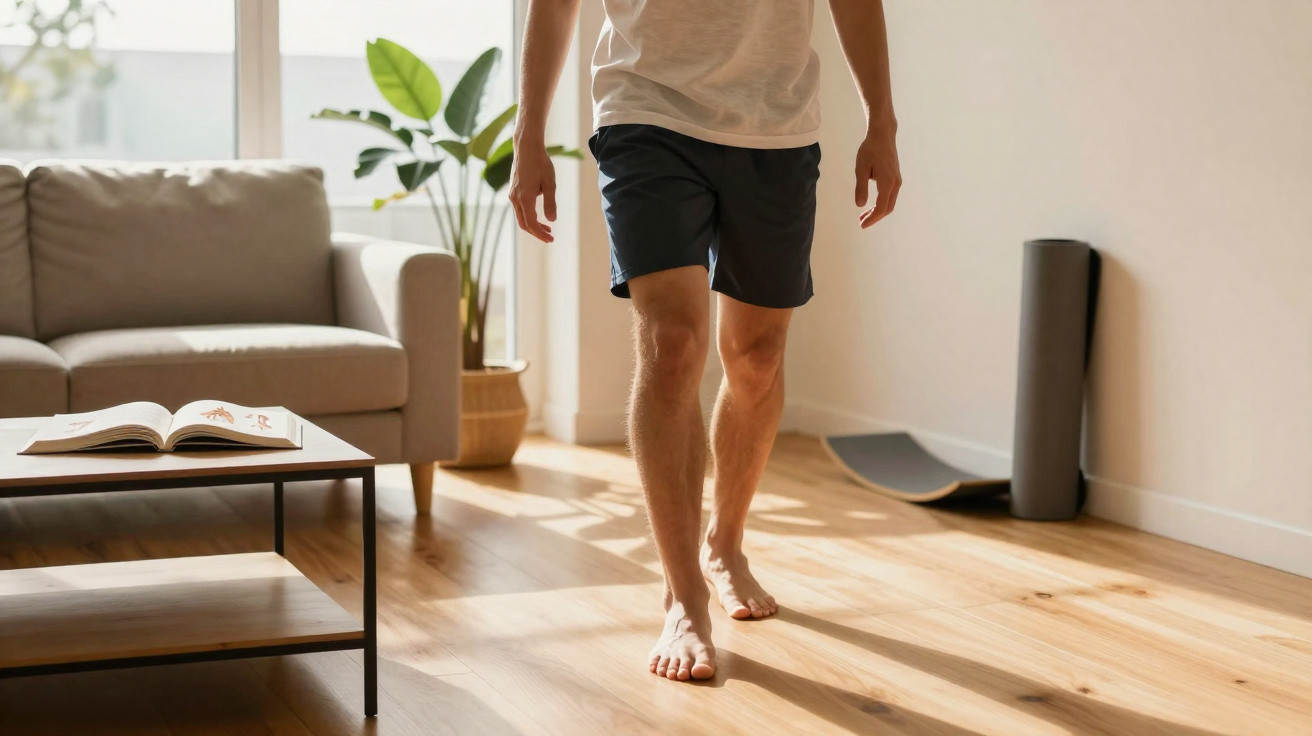 Une personne marche pieds nus dans un salon lumineux avec canapé, plante et table basse en bois.