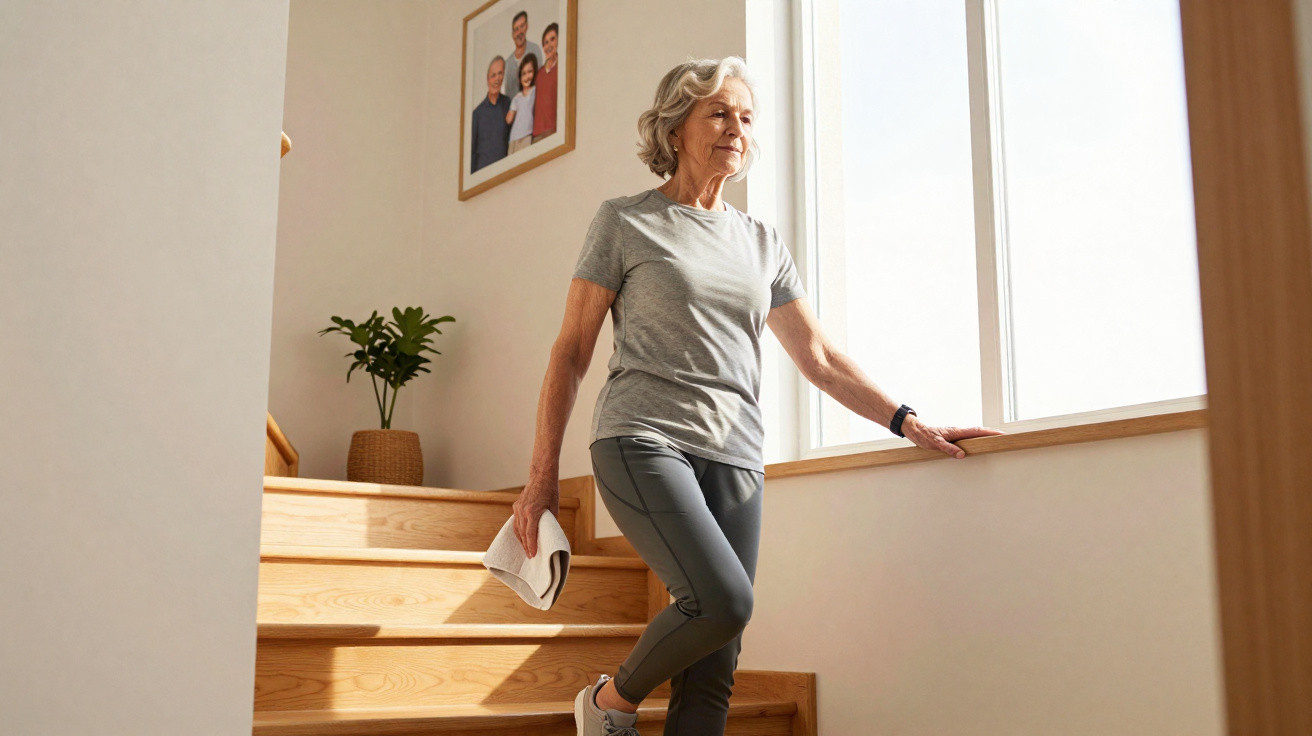 Femme âgée faisant des exercices d'équilibre dans l'escalier, tenant la rampe et un livre.