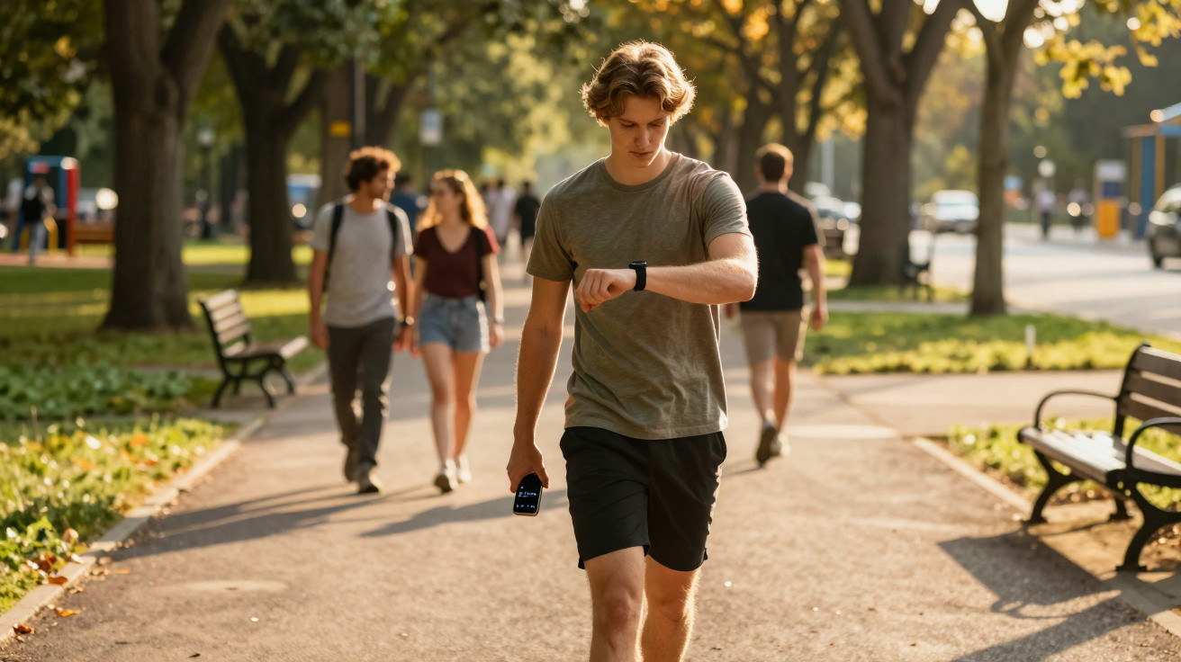 Jeune homme regardant sa montre connectée en marchant dans un parc urbain ensoleillé.