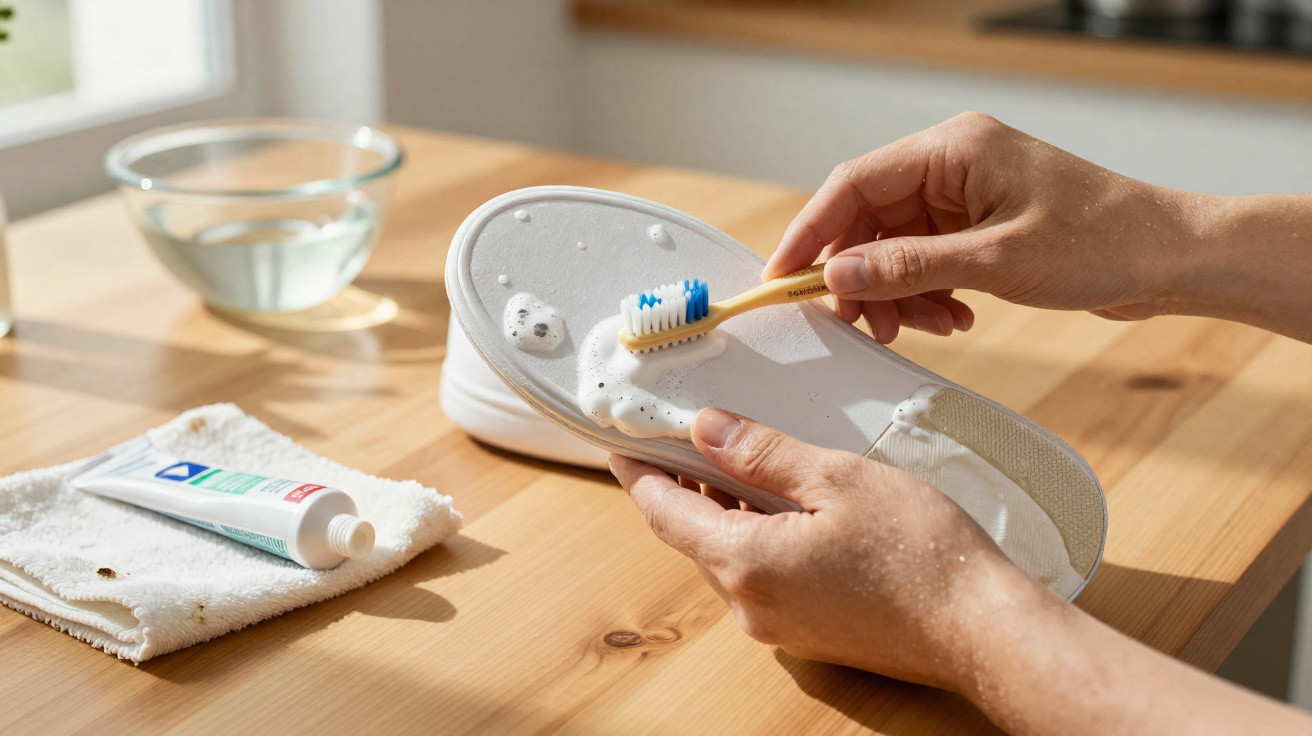 Personne nettoyant une semelle blanche avec une brosse à dents et du dentifrice sur une table en bois.