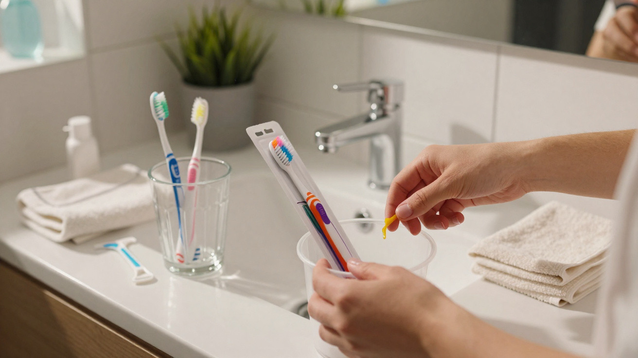 Mains ouvrant un paquet de brosse à dents électrique dans une salle de bain avec deux brosses à dents dans un verre.