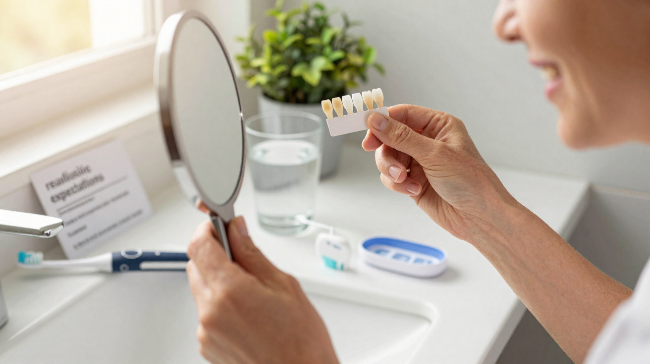 Personne comparant la teinte de ses dents avec un nuancier devant un miroir de salle de bain.