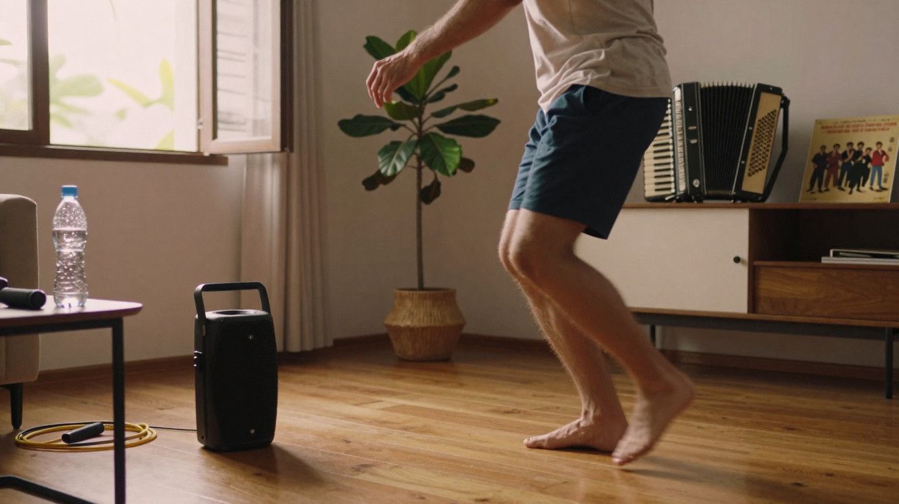 Personne en short bleu sautant à la corde dans un salon avec enceinte et plante verte.