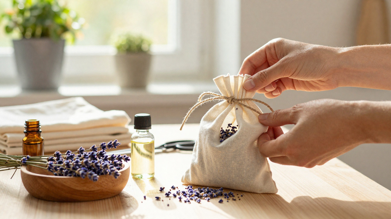 Mains fermant un sachet en tissu rempli de fleurs de lavande séchée sur une table avec huiles essentielles.