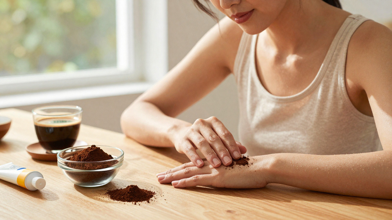 Femme appliquant un gommage au café sur sa main, avec du café moulu et une tasse sur la table en bois.