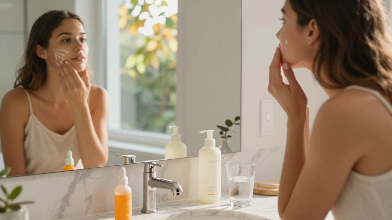 Jeune femme appliquant une crème visage devant un miroir dans une salle de bain lumineuse moderne.