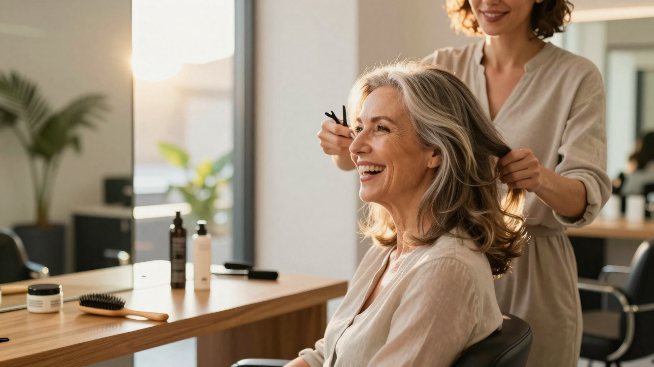 Coiffeuse coiffant les cheveux d’une cliente souriante dans un salon lumineux et moderne.